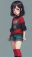 Placeholder: generate a full-length girl with gray-green sad eyes, with dark hair above the shoulders, a round face, not very plump lips, in a black T-shirt with a red print, short shorts, blue socks