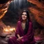 Placeholder: Hyper Realistic Photographic Outside View Of A Gorgeous Pashto Girl (Wearing Simple Burgundy Colored Dress & Wearing Plain Pink Dupatta On Her Neck) Happily Sitting & Smiling Boldy In A Cave & Showing Her Long Black Hair With Big Golden Crystals, With Heavy Rain Outside Cave At Dark Night Showing Dramatic & Cinematic Ambiance.