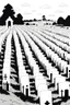 Placeholder: landscape, open air flat cemetery with thousand gravestones, manga style, grayscale