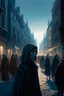 Placeholder: French animation arcane style. City street crowded by people with no faces