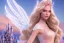 Placeholder: castle in background, beautiful, soft, big smiling, straight and long blonde hair, blues eyes, dewy and shiny atmosphere, diamond crown, long fairy wings in the back, full head, pink veil clothes