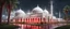 Placeholder: Hyper Realistic massive huge white-red mosque at a rainy night with grassy pathway, palm trees & Thunderstorm