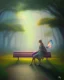 Placeholder: park mystical dream, park bench, man, woman, child, dog, trees, path, bird, sunshine, mystical, fantasy, romanticism, pastel colors, daylight, daytime, acrylic painting, detailed, soft focus,