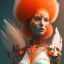 Placeholder: A beautiful portrait of a cute cyborg woman orange color scheme, high key lighting, volumetric light high details with white stripes and feathers and indian paterns and wimgs