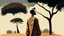 Placeholder: Design, African man, oil painting, featureless, graphic, drawing without facial features, background, sky, trees, traditional clothes, cartoon, looking left