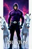 Placeholder: Movie Poster - ((("THE PHANTOM"))), extremely thick, muscular, 6'6'' 18-year-old Billy Zane with extremely exaggerated muscles as the Phantom, long-sleeved, textured, padded purple cotton bodysuit with skintight, formfitting textured purple cotton cowl with ((black eye mask)) and widow peak, black gloves and wrist gauntlets, black boots, double holstered utility belt, skull-shaped belt buckle, glowing, white eyes, standing next to his white horses, captured in a breath-taking explosion of color,