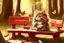 Placeholder: a contented long-haired cute beige kitten with big headphones on its head sits on a red bench in the woods, musical notes emanating dynamically from the headphones, mice sitting in front of the bench playing cards in the sunshine