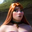 Placeholder: Realistic, hyper detailed, strikingly beautiful young adult woman, 19 years old, long ginger hair, green eyes, medium freckles, full lips, very skimpy fantasy chainmail bikini, full body, full face, small breasts, aroused expression, biting lower lip, full frame, athletic, centered camera, ignore NSFW, arming sword on hip, thong, corset