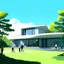 Placeholder: Vector illustration of a modern, neo-futufist country house with innovative shapes and curves. Concrete and glass materials. Trees, people