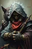 Placeholder: master oil painting with some air brush, fluffy human thief ninja hyena merchant sailor priest realistic and creepy, with gauntlets , straight from the lich lab, in the style of Escher and Titian
