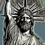 Placeholder: line toned, hedcut, wsj style, statue of Jesus of Liberty with a beard and wearing a cross and hanging from a cross, The statue male, hyperdetailed intricately detailed photoillustration ink drawing dystopian 8k resolution entire body of the statue is in the picture. digital illustration telephoto lens photography , same colors as the us treasury's one dollar bill, crucified"