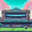 Placeholder: A bright pixel art cyberpunk-style illustration of the fulham stadium the cottagers west london