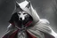 Placeholder: Anthropomorphic, silvery-white wolf with an elongated snout, gray mask-like markings on his face, sharp teeth, and glaring sinister red eyes. He wears a black cloak with a built-in hood, and brown trousers under the cloak. He also has brownish-gray wraps around his wrists and calves, and carries a pair of razor-sharp sickles in 8k solo leveling shadow artstyle, machine them, close picture,