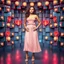 Placeholder: make a picture pretty stage made of metallic blue-gray teme 3d recursive cubic and sphere and heart simbol lights s base structures and a beautiful fashion model lady standing with cute in scene with sexy top and pretty pleated midi skirt ,makeup curvy long hair,dynamic camera zoom to full body and pan, dynamic lights.