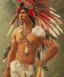 Placeholder: Guaicaipuro, native american god, 30 years old, Muscular warrior, red feathers headdress, shirtless, angry look, spear