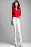 Placeholder: the genre is modern, a beautiful woman model and actress, hair, bright eyes perfect facial features,wearing cream jeans pants and pretty red shirt, a very beautiful favorite, a full body, he stands tall, no background