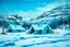 Placeholder: A cyan freezing snowfield with a cozy cabin designed in Navajo baskets painted by Alan Sorrell