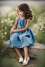 Placeholder: Little 8 years old girl wearing a dress, blue dress,