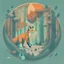 Placeholder: Perfect round ball fox playing inside a forest, 2d flat illustration style, mono, 6 colors max