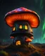 Placeholder: An illogical floating mushroom house on a clear moonless night. . Bright Bold Bright Colors, orange yellow green black, Starry Dark cosmic interstellar. Detailed Matte Painting, deep color, fantastical, intricate detail, splash screen, hyperdetailed, insane depth, concept art, 8k resolution, trending on Artstation, Unreal Engine 5, color depth, backlit, splash art, dramatic, High Quality Whimsical Fun Imaginative Bubbly, perfect composition