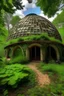 Placeholder: extremely detailed organic dome home nestled in a lush green forest edge