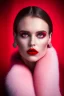 Placeholder: Minimalistic portrait of a beautiful woman with red lips and cold big eyes wearing earrings, a light pink fur coat in a haute couture style isolated on a dark background, cinematic lighting, ultra-realistic, shot in the style of hasselblad