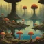 Placeholder: looking out over a lake, in an alien forest, flying mushrooms with jellyfish tenacles formed into gnarled trunks, Roger Dean