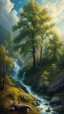 Placeholder: Bosch painting style, wake up in heaven with beautiful trees and waterfalls