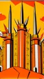 Placeholder: An orange colored fortress with swords painted by Roy Lichtenstein