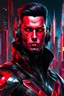 Placeholder: Retrato dibujo de contorno de Dragman, negro y rojo con traje cyberpunk, fondo ciudad