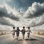 Placeholder: Hyper Realistic Aerial Back View Of 16 Palestinian Children (Male Female Both Palestinian Children Wearing Keffiyeh Fabric Whirling) Happily Running On Cloudy Road Towards Heaven On Sky With White Clouds Around The Children At Cloudy-Day Environment Showing Dramatic & Cinematic Ambiance.