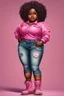 Placeholder: create a oil painting image of a plus size chibi dark skinned Black female wearing a pink jean outfit with timberland boots. Prominent make up with brown eyes. Highly detailed tight long curly afro