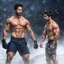 Placeholder: Hyper realistic shirtless muscular shahid kapoor & Mark Wahlberg at snowfall night