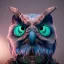 Placeholder: Anthropomorphic blue owl, big green eyes, lots of details, portrait, finely detailed armor, cinematic lighting, intricate filigree metal design, 8k, unreal engine, octane render, realistic, redshift render