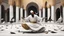 Placeholder: Hyper Realistic Sufi Whirling on stone floor with Black & Golden Islamic Sufi Rustic Grungy Background outside white marble Islamic monument with pigeons flying