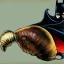 Placeholder: realistic image of a snail with a shell on its back disguised as a batman with a cape and a mask intervening in a fight painted in the style of the painter Miro