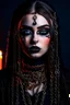 Placeholder: minimalism,amazingly beautiful fashion gothic girl black makeup closeup portrait covered in black lathered custom and heavy metal style , charm chains and candles in the background