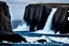 Placeholder: massive intimidating rock cliffs ascend all around and further up out of view. far below, the stormy ocean swirls intimidatingly. The ocean water falls off a waterfall down into a circular pit