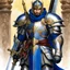Placeholder: (in the style of Orion, by Masamune Shirow) a paladin knight with his plate armour and his two handed zweihander sword, ready for a blessing