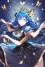 Placeholder: Girl with blue hair in black and gold dress dancing with butterflies