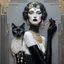 Placeholder: Mixed media, a tall beautiful woman with the head of a Siamese cat, wearing a black dress with pearls and long black gloves, she is holding a cigarette in a cigarette holder, background in the style of art deco Klimt, George Barbier, 3d, Bas relief, encaustic, gold leaf accents.