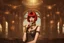 Placeholder: a skinny Cleopatra, with a bob red hairstyle, standing in a steampunk setting.