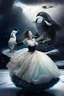 Placeholder: A human princess in a ball gown, dancing with a penguin, while in Antarctica while it storms in the background