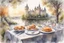 Placeholder: Brunch breakfast on an elegant table in the garden in the background, Castle on the Loire, lake, reflection, sunrise, Misty morning smooth intricate high definition beautiful lighting pencil sketch, marker pen strokes, watercolor polished warm light