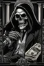 Placeholder: ultra high image quality, Grim Reaper, WEARING A 3 PIECE SUIT, POSED FOR DOLLAR BILL PORTRAIT, LINE TONE, WSJ STYLE, HEDCUT, Close-up of an set against AMOLED-worthy pure black backdrop, fantasy art style infused with filter, tailored for vertical wallpaper, exclusive design with no duplicates, radiating beauty suitable for a PC screen image, vivid colors, ultra fine, digital painting, BASED ON THE UNITED STATES TREASURY NOTE ONE DOLLAR BILL