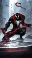 Placeholder: A close picture of Venom symbiote with kratos red tattoos and Clothes holding blade of choice