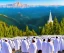 Placeholder: 100,000,000 christian people and children dressed in white,God in jewish Temple in new Jerusalem, hills and valley in background