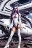 Placeholder: White woman with long purple hair, a good, athletic body, nice legs, and a large bust, dressed in a white latex mini suit and white boots, stay in an alien-like technological ship, with a destroyed spaceship in the background.