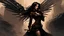 Placeholder: biomechanical women, beautiful, steampunk, dusty brunette, long square, large steampunk black wings, sword, steam, dynamic pose, rain, wind, ashes, flashes of fiery threads, steam engine, caves with rusty pipes on the background, dark world, sketch art, fine lines, grunge, sensual, darkness, dark colors, by Raymond Swanland & Alyssa Monks & Anna Razumovskaya