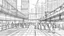 Placeholder: sketch lines, An urban environment displaying a modern art installation of balanced metal beams, set against a backdrop of bustling city life with people walking by., pencil drawing